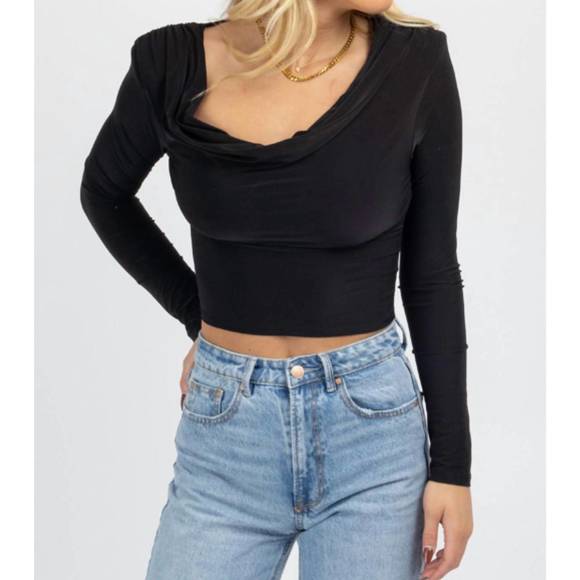 NEW BLUE BLUSH cowl neck long sleeve crop top in black - Picture 2 of 4